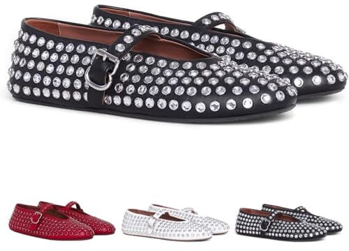 Women's Rhinestone Ballet Flats Shoes,Sparkly Buckle Round Toe Mary Jane Ballerina Shoes,Studded Embellished Flats (Black,5)
