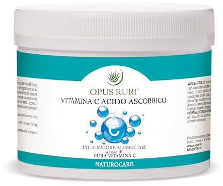 OPUS RURI Acido Ascorbico Puro - Integratore Alimentare Vitamina C in Polvere - 500g - Sostegno Sistema Immunitario Adulti e Vitalità - Vegano e Privo di OGM - Made in Italy