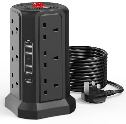 Tower Extension Lead with USB Slots and USB C Fast Charger, (13A 3250W) 5 USB Ports and 12 Way Extension Tower, Extension Cable for Home, Office (Black, 5M)
