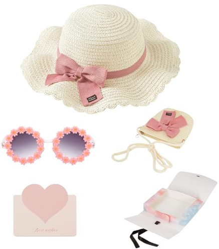 YOOCHUENG Chapeau Paille Enfant 3-7 Ans,avec Petit Sac & Lunettes de Soleil | Chapeau de Soleil Rose d'Été,Ensemble Fille Enfant pour Vacances Plage Activités Outdoor,Cadeaux pour la Journée des Enfants