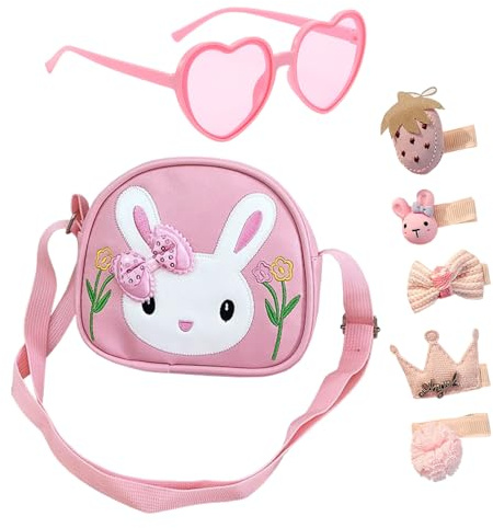 HSYWSH Borsa messenger coniglio Occhiali da sole a forma di cuore e 5 graziosi fermagli per capelli tracolla regolabile PU spalla borsa per bambini ragazze Toddlers (rosa)