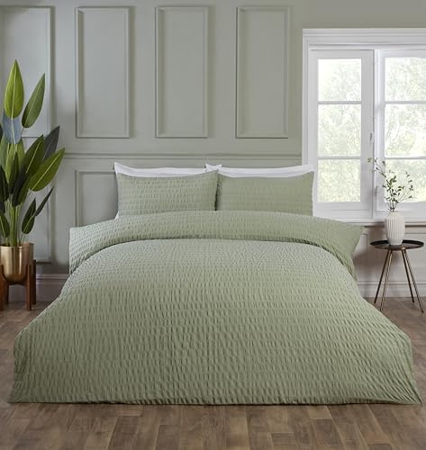 Rapport Home Seersucker Duvet Cover Set, Soft Easy Care Sage Green King Size 3 Piece Bedding Set