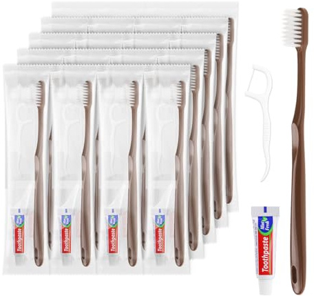 Engångsrese-tandborste, tandborste och tandkräm, individuellt förpackad, brun, med tandtrådsplekar, lämplig för hotell, hem, camping, resor (200-pack)