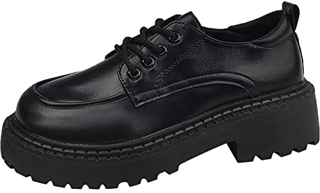 Generisch Botas De Trabajo Para Mujer,Botines Cortos Para Mujer,Zapatos De Punta Antideslizante Plataforma Sólido Suela Gruesa Tacones Cuadrados Redondo Tacón Bloque Zapatos con Cordones, Negro , 39