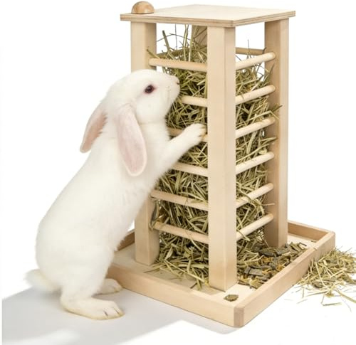 Râtelier A Foin en Bois, Mangeoire À Foin en Bois, 36,5x24,5x16,5 Cm Râtelier À Foin avec Bac, Mangeoire À Foin pour Lapin pour Chinchilla, Convient Aux Cobayes, Chinchillas, Hamsters, Lapins