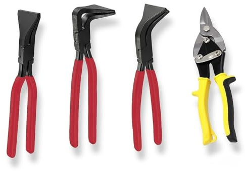 4 Piezas Set De Pinzas para Plegar, Pinzas De Faldón 0°/45°/90° Rectas Y Anguladas Ancho De Boca 60 mm Fabricadas En Acero Alto En Carbono con Tijeras para Chapa Y Guantes Ideal para Techadores