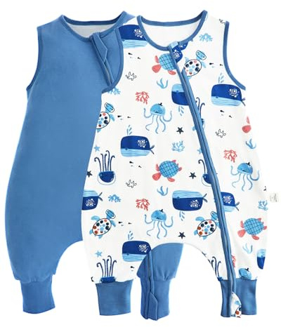 JiAmy Saco de Dormir para Bebé con Pies de Verano 1,0 TOG Paquete de 2 Algodón Manta Envolvente para Dormir Cremalleras Súper Transpirable para Niñas Niños Mar azul 2-3 Años