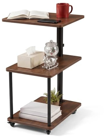 Mesa auxiliar con ruedas, mesa auxiliar sofá ajustable en altura 47-71 cm, mesa giratoria 360°, diseño moderno con 3 niveles de almacenamiento, textura de madera fácil de limpiar, color nogal