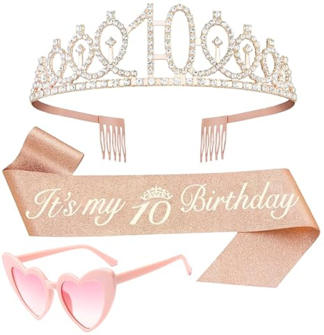 AHEZQILU Couronne Anniversaire 10 Ans Fille Kit, Birthday Girl Écharpe Or Rose Lunettes Cœur Cadeau Fille, 10Ans Accessoires Fête Décoration, Anniversaire Cadeau Anniversaire Fille10 Ans Élégant