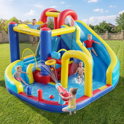 ELEMARA 10 in 1 Inflatable Water Slide Bounce House, Inflatable Bounce House with Blower, Dual Slides & Climbing Walls & Ring-toss Game & 2 Water Guns, Splash Pool, Blow up Water Slide with Blower
