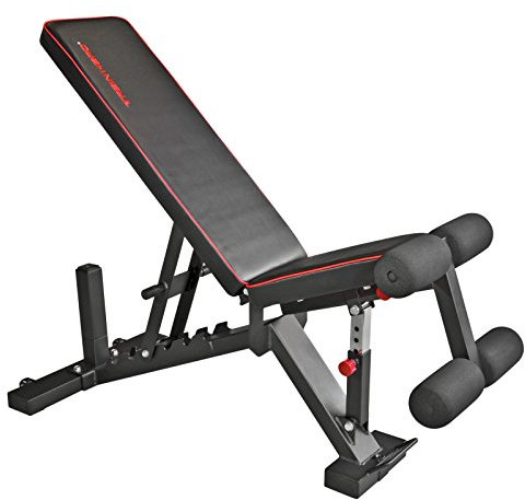 Train Hard® Premium Hantelbank verstellbar als Flachbank Schrägbank Negativbank mit Bein-Fixierung und Transportrollen, 7,5 cm extra dicke Polster, belastbar bis 450kg