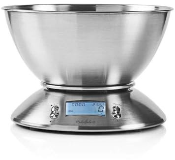 NEDIS Bilancia da cucina Nedis - Bilancia digitale da cucina - Max. 5 kg - Display LCD luminoso - Termometro e allarme - Facile da pulire - Acciaio inossidabile Argento