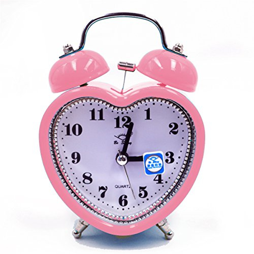 Millya UK 3 Inch Cute Twin Bell Loud Alarm Clock Battery Operated Non Ticking Heart Shape Alarm Clock (A-Pink)