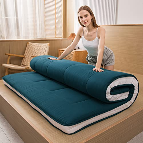 MAXYOYO Colchón de Futón Japonés para Suelo Acolchado Quilted Topper para Cama, Almohadilla de Dormir Plegable Extra Gruesa Transpirable Tumbona de Suelo Cama de Invitados para Camping Sofá (Bluestone