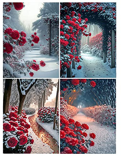 30x40CM || DCIDBE DIY 4 Set 5D Diamond Painting Rosen im Schnee Runde,Blumen Liebe Diamant Malerei Full Strass Handwerk Dekoration Home Geschenk für Familie/Hochzeit/Geburtstag