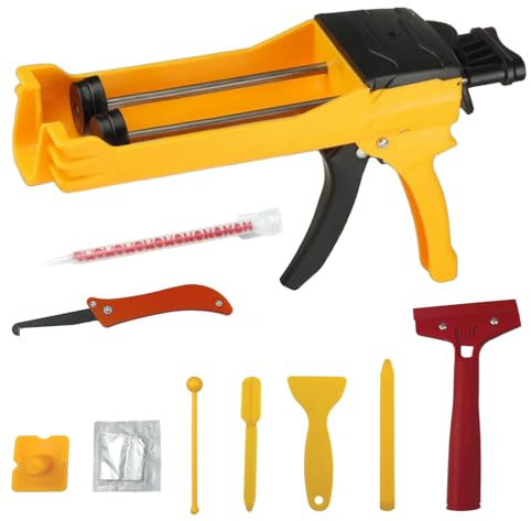 Zyklonix Double Caulking Gun,Dual Epoxy Gun for 400 mL(13.5 fl oz,1:1 Mix Ratio),Manual Dual Component Adhesive Applicator with 9 Pieces Caulk Tools,Yellow