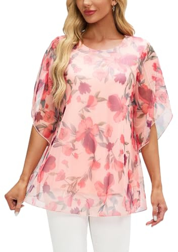 OKSakady Donne Camicetta Estiva Plissettata in Chiffon Sciolto e fluente Modal Foderato Doppio Strato Top Elegante e Casual Camicia con Floreale