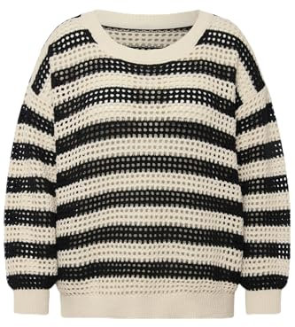 Ulla Popken Femme Grandes Tailles Pull en Maille Crochet Oversized à Rayures, col Rond et Manches Longues Vanille 46+ 828998150-46+