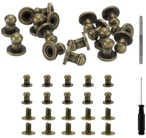 sourcing map 30 Sets Round Head Button Studs Screw 5mm Alloy Leather Rivets with Hollow Punch Screwdriver for Repair and Decorate Fabric Clothing Shoes Bags DIY, Bronze