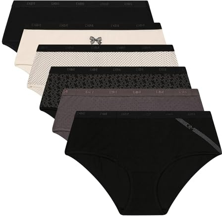 DIM Boxer dam färgglada stretch bomullsfickor x 6, Set med svart logotyp/rosett svart, S