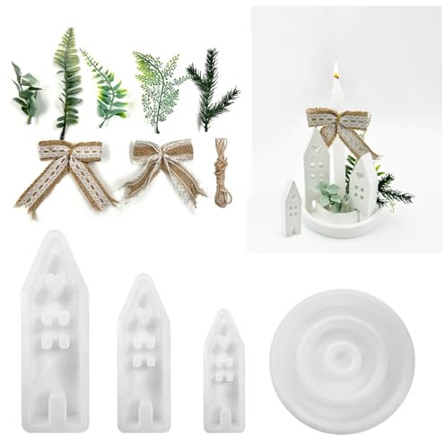 SNAIL GARDEN 4 Stück Silikonform Kerzenhalter Set Enthält 1 PCS Gießform Kerzenhalter&3 PCS Silikonform Haus,mit 5 Simulierten Greenery&2 Schleifen&1 Bündel Von Twine für Tägliche Festival Dekoration