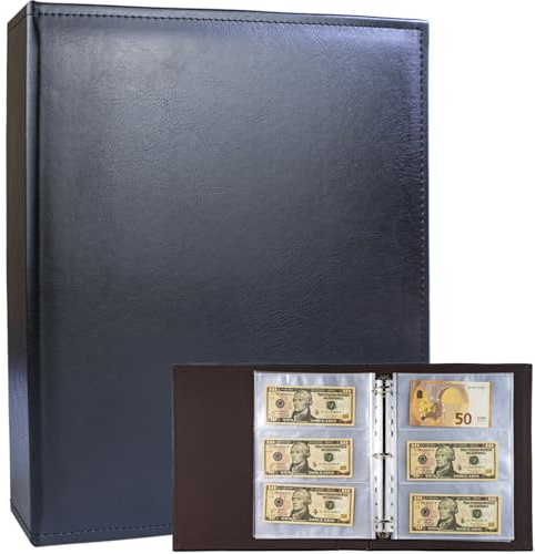 A4 3 Anelli Raccoglitore Album Valuta con 30 Pacchetti di Pagine di Ricarica a 180 Tasche, Libro Portavalori in Pelle PU, per la Raccolta di Euro, Cartamoneta, Valuta Estera e Coupon