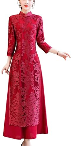 LVYUDS Mariage Vêtements de Maman Robe Vietnamienne Ao Dai Broderie Double Couche Cheongsam Printemps Long Qipao Dîner(M)