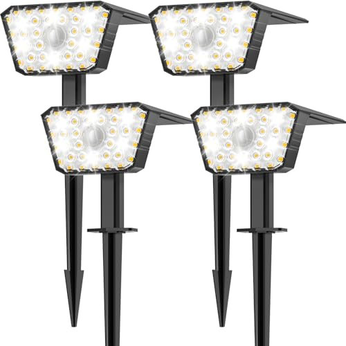 GOLUMUP Luci Solari da Giardino con Sensore di Movimento, Lampade Solari da Esterno 4 Pezzi, 4 Modalità di Lavoro, IP67, Installazione a Parete o a Terra per Cortile e Garage - Bianco Caldo