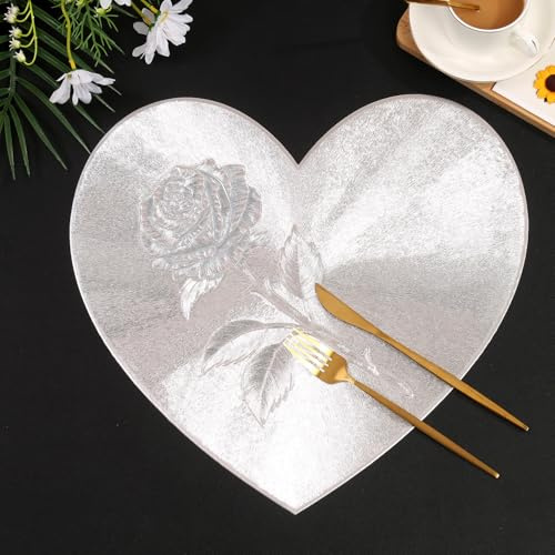 Hosoncovy Rose Heart Placemats Set of 4 Table Mats Set Washable PVC Non-Slip Heat Resistant Table Place Mats Dinner Mats Meal Mat for Kitchen and Dining Room for Wedding (Silver)