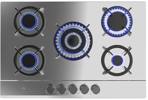 Cecotec Piano Cottura Gas Butano e Naturale 5 Fuochi Bolero Squad G 5200S Inox. 11000W. Acciaio Inox, Griglie Individuali Ghisa, WOK Tripla Corona, Accensione Elettrica, Sistema Sicurezza