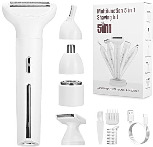 Cexovo Rasoio Elettrico Donna 5 in 1 Rasoio,Donna Inguine Multifunzione a Secco e Bagnato Depilatore Corpo,con Stazione di Ricarica USB per Corpo Ascelle Linea Del Bikini Sopracciglia e Il Naso