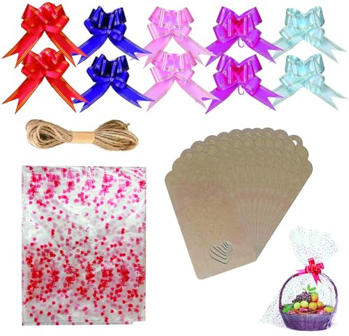 THXFUNAREA Paquete de 10 bolsas de celofán transparente extragrandes para envolver regalos, 60 x 75 cm, con cordón, 10 tarjetas y 10 Lazo, bolsas de regalo transparentes para flores y manualidades.