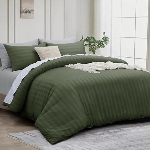 HOMELY 4 Piece Satin Stripe Duvet Cover Set, Brushed Microfiber Bedding with 30cm Deep Fitted Sheet and 2 Pillow Cases (Olive, Double)