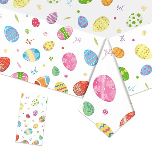 Femihua Easter Tablecloth, 107x54 Inch Easter Egg Hunt Fabric Tablecloth, Waterproof Reusable Table Cover, Party Table Decorations for Indoor and Outdoor Gatherings