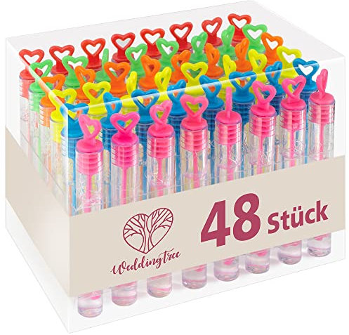 WeddingTree Seifenblasen Hochzeit Set in Regenbogenfarben - 48 Stück mit Herzgriff - herzallerliebst für Hochzeitsdeko Taufe Geburtstag Goldene Hochzeit Verlobung Valentinstag Gastgeschenk Party