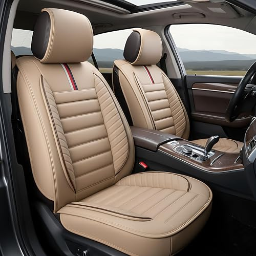 OASIS AUTO Car Seat Covers Accessories Full Set Premium Nappa Leather Cushion Protector Universal Fit for Most Cars SUV Pick-up Truck, Automotive Vehicle Auto Interior Décor (OS-001 Tan)