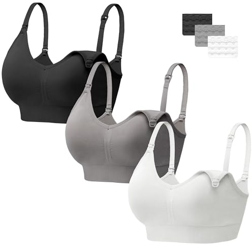 HBselect 3 PCS Reggiseno Allattamento con Estensione Reggiseno Bra Donna Morbido e Traspirante Reggiseno Senza Ferretto e Senza Cuciture. (Nero, Bianco, Grigio (con 3 Bottone), XL)