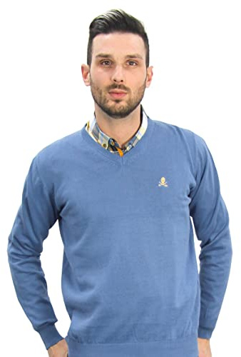 Män Pullover Bomull Ulltröja Herr Neak Hals Långärmad Basic Modell för att klä upp Fin Stickad, Celeste, M