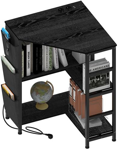 VEDECASA Druckertisch, Ecke Druckerständer 3-stöckiger, Druckertisch mit Ladestation,Druckerständer auf 2 Steckdosen und 2 USB Ports Seitentaschen verstellbaren Füßen CPU Ständer Halter (Schwarz)
