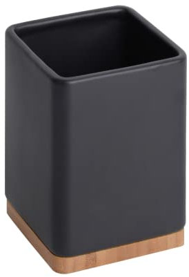 KOOK TIME Küchenutensilienhalter - Utensilienhalter küche aus keramik und Bambus - Quadratischer küchenhelfer aufbewahrung - Schwarz - 10,5 x 10,5 x 15 cm
