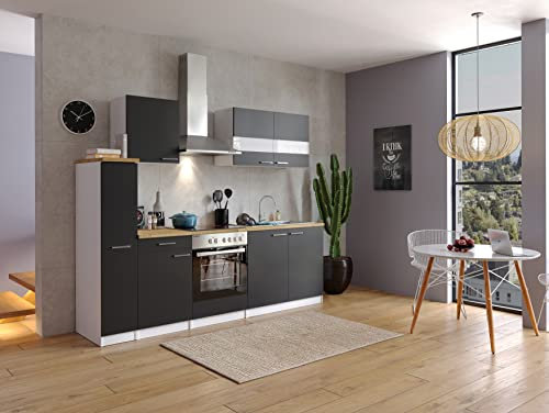 Respekta Küchenzeile Malia KB240WSCG Schwarz 240 cm Breite mit Elektrogeräten