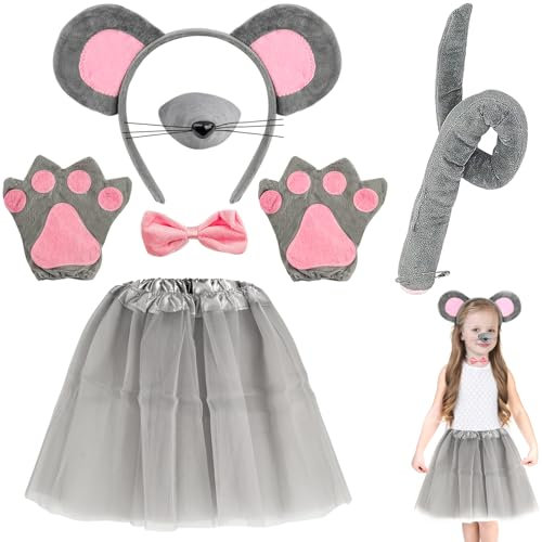 Meanju 7 Stück Maus Tüllrock Kinder Kostüm Set Verkleidung Kinder Tierkostüm Mit Stirnband/Nase/Fliege/Schwanz/Handschuhe/Tutu Rock Ausgefallenes Kostüm Zubehör Für Kinder Cosplay Karneval Halloween
