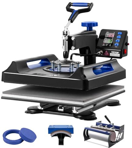 VEVOR Värmepressmaskin, 5-i-1 värmeöverföringsmaskin med 38,1 x 38,1 cm, 360° gunga bort digital t-tröja, teflonbeläggning, för t-shirts/muggar/hattar/tallrikar, svart + blå