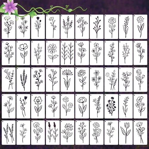 YUXIANLB 50Pcs Botanical Flower Stencils for Crafts, Reusable Stencil Crafts Drawing Templates for Painting, Wall Paper Wildflower Floral Paint Stencil Set for DIY Art Scrapbook Home Decor