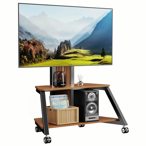 Kraftigt mobilt TV-stativ rullande TV-vagn med hjul för 32-85 tum platt/böjd LED/LCD/OLED bärbart golv-TV-stativ med trähyllor, justerbar höjd rymmer upp till 100 kg, max VESA 600 x 400 mm