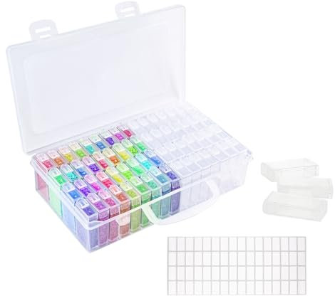 Flearitzo Diamond Painting Aufbewahrungsbox - 64 Fächer Kunststoffbox 5D Diamond Painting Zubehör Boxen DIY Bastelzubehör für Schmuck und Nailart mit Aufklebern