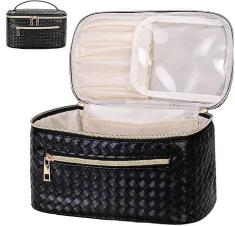 KYYGKY Make up Tasche Portable Cosmetic Bag Kosmetiktasche Reise mit Fächern Waschtasche PU-Leder Schminktasche Washbag Travel Täschchen Beautycase Damen Kulturtasche für Damen und Mädchen(schwarz)