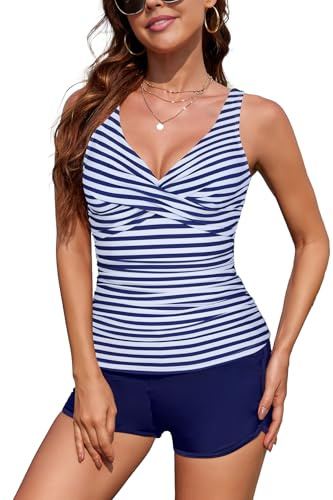 SHEKINI Maillot De Bain Deux Pièce Tankini Ensembles pour Femme Rembourré Tankini Col en V Push Up Swimwear Ventre Plat Bretelles Réglable Swimsuit avec Short