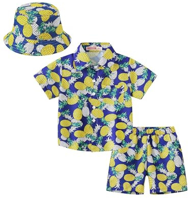 Moggemol Set Estivo Per Bambini Hawaii Con Camicia A Maniche Corte Pantaloncini E Cappello Da Pescatore Completo Abbigliamento Vacanza Al Mare Ananas 13-14 anni