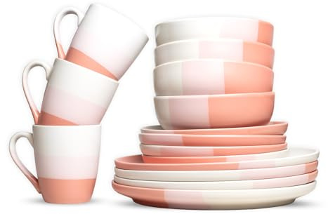 ROYALFORD 16 Piece Stoneware Dinnerware Set | Microwave, Dishwasher & Freezer Safe Durable Crockery Set | Includes Dinner & Dessert Plates Cereal Bowl & Mugs | Kitchen Dinner Set for 4 People, Rose